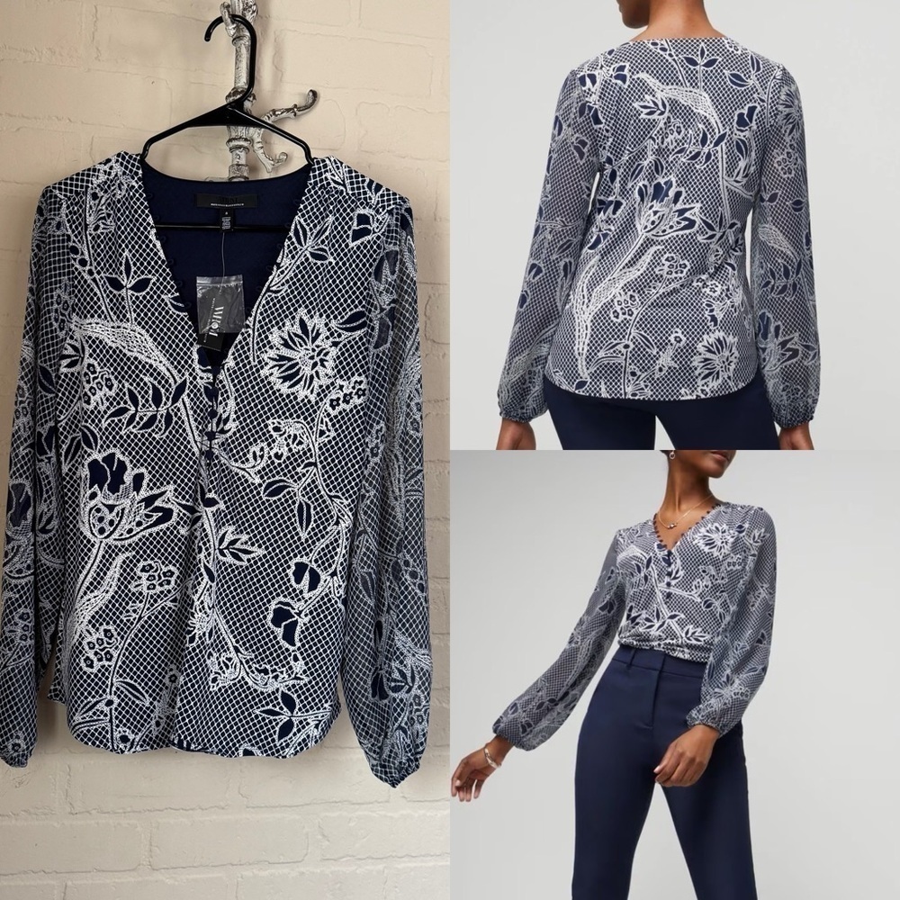 WHBM blouse shirt navy blue NWT Floral Navy Blouse lace pattern blue NEW